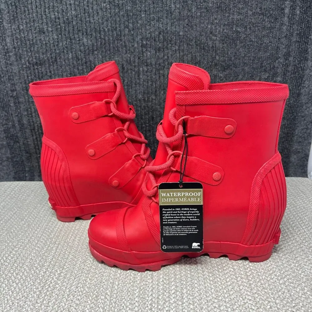 NEW Sorel Joan Rain Wedge Rubber Boots Red Lace Up Womens 7.5 NL2442-622